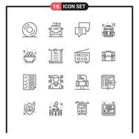 Pack of 16 Modern Outlines Signs and Symbols for Web Print Media such as easter bowl chat traveling bag Editable Vector Design Elements