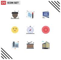 Group of 9 Flat Colors Signs and Symbols for direction sad menu feeling emoji Editable Vector Design Elements