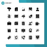 Mobile Interface Solid Glyph Set of 25 Pictograms of impersonation avatar chart gear package Editable Vector Design Elements