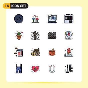 Pack of 16 Modern Flat Color Filled Lines Signs and Symbols for Web Print Media such as plant cactus technology motherboard computer Editable Creative Vector Design Elements