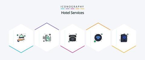 hotel servicios 25 línea de relleno icono paquete incluso . boleto. teléfono. pasaporte. Internet vector