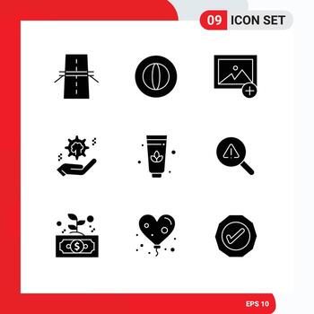 Pack of 9 Modern Solid Glyphs Signs and Symbols for Web Print Media such as lotus brain marketing cog setting Editable Vector Design Elements