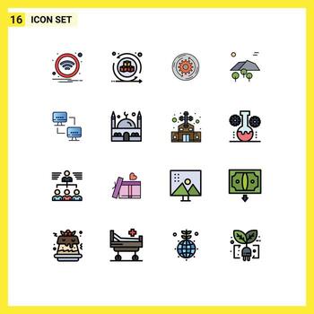 Pack of 16 Modern Flat Color Filled Lines Signs and Symbols for Web Print Media such as computer tree solution mountain structure Editable Creative Vector Design Elements