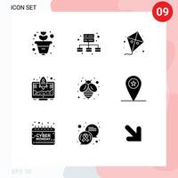 Mobile Interface Solid Glyph Set of 9 Pictograms of army fly kite bee startup Editable Vector Design Elements