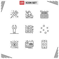 Pack of 9 Modern Outlines Signs and Symbols for Web Print Media such as air music board headphone spanner Editable Vector Design Elements