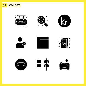 Mobile Interface Solid Glyph Set of 9 Pictograms of layout basic krone time man Editable Vector Design Elements