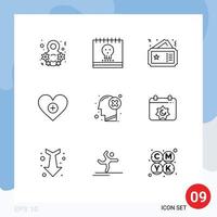 9 User Interface Outline Pack of modern Signs and Symbols of add like holidays love cinema Editable Vector Design Elements