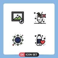 Pictogram Set of 4 Simple Filledline Flat Colors of edit globe cocktail global fitness health Editable Vector Design Elements