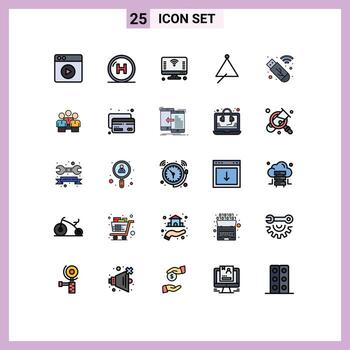 Mobile Interface Filled line Flat Color Set of 25 Pictograms of triangle music computer instrument wifi Editable Vector Design Elements