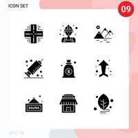 9 Universal Solid Glyphs Set for Web and Mobile Applications money vaccine worker syringe farming Editable Vector Design Elements