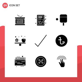 Group of 9 Modern Solid Glyphs Set for tick check learning vegetable diet Editable Vector Design Elements