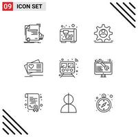 Pack of 9 creative Outlines of smart internet data wedding love Editable Vector Design Elements