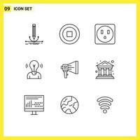 9 Universal Outlines Set for Web and Mobile Applications loudspeaker announce electric light user Editable Vector Design Elements