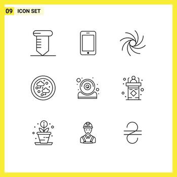 paquete de 9 9 moderno contornos señales y símbolos para web impresión medios de comunicación tal como cámara web hardware lechoso camino computadora red editable vector diseño elementos