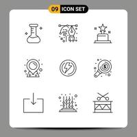 Set of 9 Vector Outlines on Grid for industry light award bolt map Editable Vector Design Elements