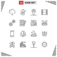 Pack of 16 Modern Outlines Signs and Symbols for Web Print Media such as medicine options heart gears multimedia Editable Vector Design Elements