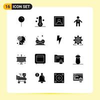 16 User Interface Solid Glyph Pack of modern Signs and Symbols of fitness cycling man brain labyrinth Editable Vector Design Elements