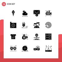 User Interface Pack of 16 Basic Solid Glyphs of database connect message movie video Editable Vector Design Elements