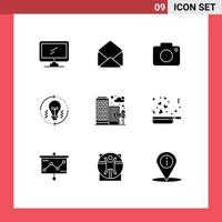 Mobile Interface Solid Glyph Set of 9 Pictograms of building solution twitter light bulb Editable Vector Design Elements