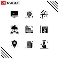 Group of 9 Modern Solid Glyphs Set for city cloud business idea network painting Editable Vector Design Elements