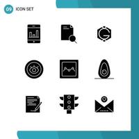 Set of 9 Commercial Solid Glyphs pack for graph analytics coin technical service Editable Vector Design Elements