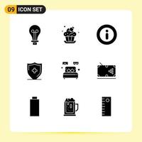 Universal Icon Symbols Group of 9 Modern Solid Glyphs of single bed info shield sign Editable Vector Design Elements