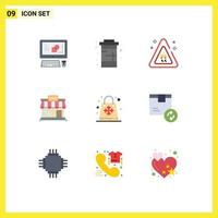 User Interface Pack of 9 Basic Flat Colors of bag store water online shop Editable Vector Design Elements