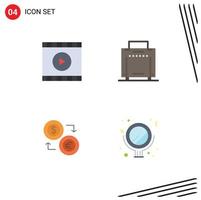 Set of 4 Vector Flat Icons on Grid for media currency web travel euro Editable Vector Design Elements