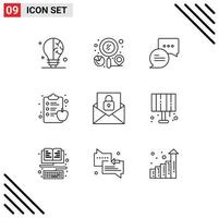 Set of 9 Modern UI Icons Symbols Signs for lock email chat communication diet Editable Vector Design Elements