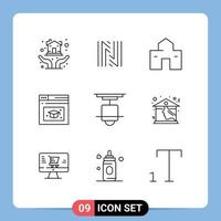 Pack of 9 Modern Outlines Signs and Symbols for Web Print Media such as furniture cap building education shack Editable Vector Design Elements