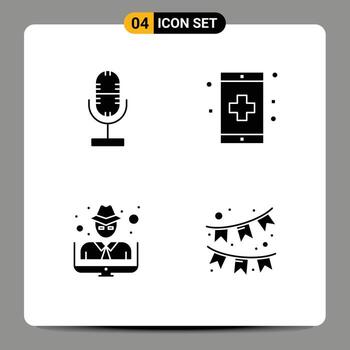 4 User Interface Solid Glyph Pack of modern Signs and Symbols of audio hacker microphone fitness thief Editable Vector Design Elements