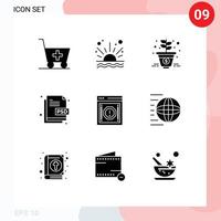 Group of 9 Modern Solid Glyphs Set for internet file type growth file design Editable Vector Design Elements