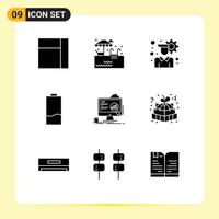 Pack of 9 Modern Solid Glyphs Signs and Symbols for Web Print Media such as statistics presentation battery board low Editable Vector Design Elements