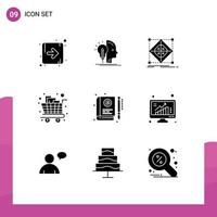 Pack of 9 creative Solid Glyphs of book shopping cluster groceries cart Editable Vector Design Elements