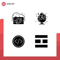 4 User Interface Solid Glyph Pack of modern Signs and Symbols of camera code photography ice cream development Editable Vector Design Elements