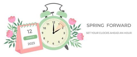 Daylight saving time concept banner. Spring forward time. Allarm clock with flowers and leaves. vector