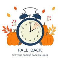 Daylight saving time ends concept banner. Fall Back time. Allarm clock with autumn leaves, branches and pumpkins. vector
