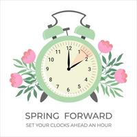 Daylight saving time concept banner. Spring forward time. Allarm clock with flowers and leaves. vector