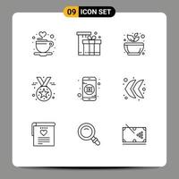 pictograma conjunto de 9 9 sencillo contornos de medalla Insignia compras premio spa editable vector diseño elementos