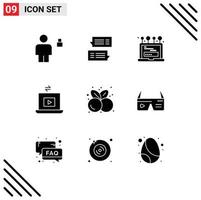 Group of 9 Solid Glyphs Signs and Symbols for play video message laptop login Editable Vector Design Elements