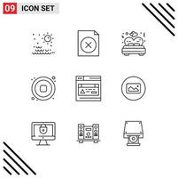 Pack of 9 Modern Outlines Signs and Symbols for Web Print Media such as webpage interface love video music Editable Vector Design Elements