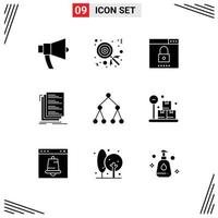 Pack of 9 Modern Solid Glyphs Signs and Symbols for Web Print Media such as list compile engine coding security Editable Vector Design Elements