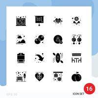 Set of 16 Commercial Solid Glyphs pack for sun countryside heart users group Editable Vector Design Elements