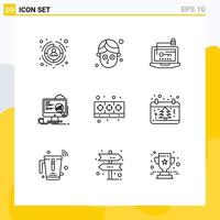 9 Universal Outlines Set for Web and Mobile Applications cooker laptop computer presentation analytics Editable Vector Design Elements