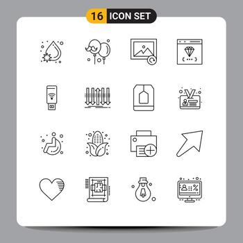 Pack of 16 creative Outlines of wifi development image develop browser Editable Vector Design Elements