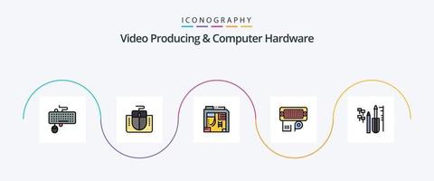 Video Producing And Computer Hardware Line Filled Flat 5 Icon Pack Including reapair. data. computer. connection. computer vector