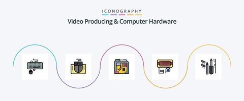 vídeo productor y computadora hardware línea lleno plano 5 5 icono paquete incluso reparar datos. computadora. conexión. computadora vector