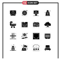 Pack of 16 Modern Solid Glyphs Signs and Symbols for Web Print Media such as sale speaker virus room event Editable Vector Design Elements