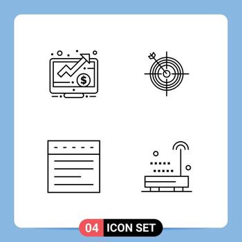 Mobile Interface Line Set of 4 Pictograms of dollar tabs screen dart website Editable Vector Design Elements