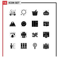 Set of 16 Commercial Solid Glyphs pack for outdoor mountains basket tag sauna Editable Vector Design Elements